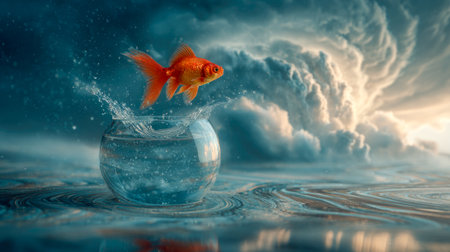 A goldfish leaps out of a bowl with water splashing, set against a cloudy sky. AI generatedの素材