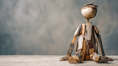 A lonely wooden scrap figure sits in a pose of despair. Copy-space. AI generatedの素材