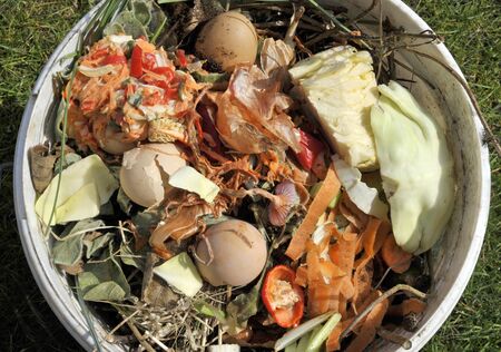 Kitchen food waste and garden material in a bucket for home composting.
