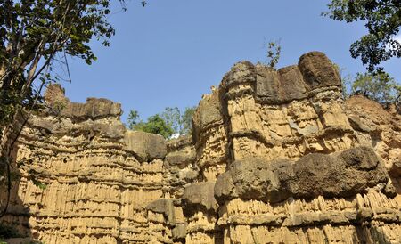 Rock outcrops at Pha Chor, also called Pha Chau, which is a geological tourist attraction in the Mae Wang Natioanl Park, Doi Lo near Chiang Mai in northern Thailand.のeditorial素材
