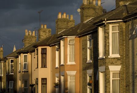 Victorian terraced houses at dusk, Great Yarmouth, Norfolk, UK.