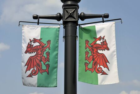 Pair of Welsh flags, welsh dragons, on a lamp post in Porthmadog, Wales.の写真素材