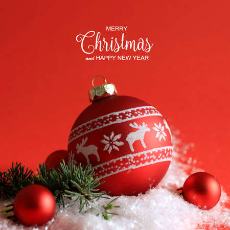 Christmas and New Year Greeting Card on red background. illustrationの写真素材