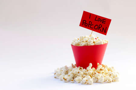 Popcorn bag and tag - I love popcorn isolated on white backgroundの写真素材