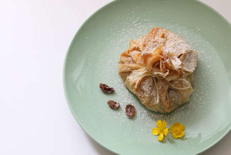 Phyllo pastry strudel with apple filling and sultan grapes, dusted with icing sugar
