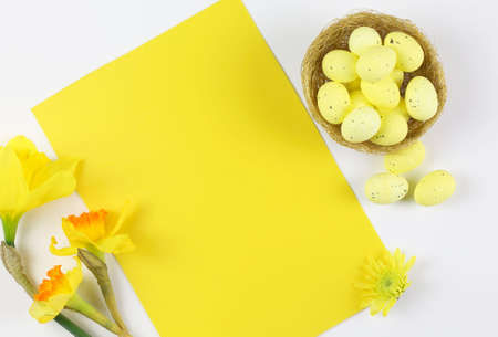 Easter decoration with eggs and flowers with empty tags