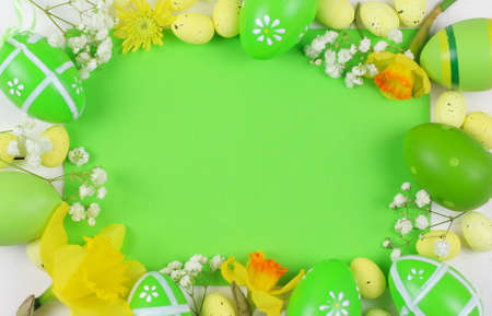 Easter decoration with eggs and flowers with empty tagsの写真素材