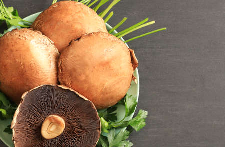 Fresh raw portobello mushrooms isolated on dark background. Top viewの写真素材