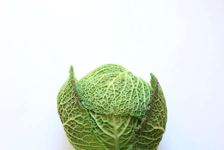Vegetable concept. Fresh green savoy cabbages isolated on white background. Top view, copy space.