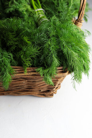 Basket with bunches of fresh dill isolated on white background.の写真素材