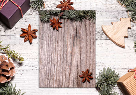 Christmas background with Christmas decorations. New Year or Xmas concept. Top view. Copy space.の写真素材