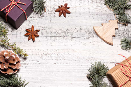 Christmas background with Christmas decorations. New Year or Xmas concept. Top view. Copy space.