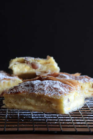 Greek cuisine. Bougatsa, homemade traditional dessert with phyllo pastry filled and cream. Selective...