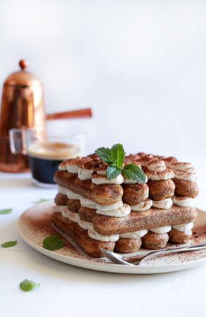 Tiramisu, Italian dessert. Homemade tiramisu cake in a white tray isolated on white background....