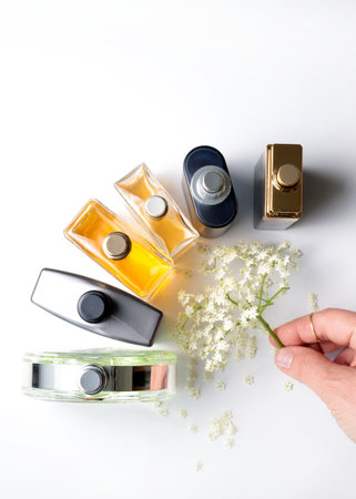Composition of different bottles of perfumes on white background. Directly above.