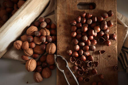 Mix of different nuts on dark background. Directly above.の写真素材