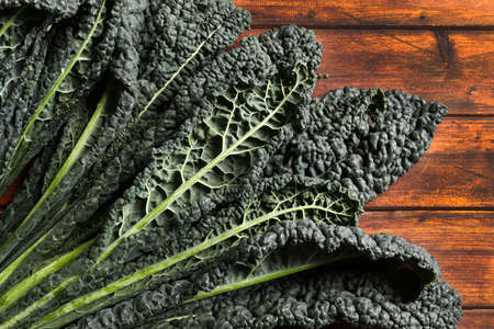 Fresh black cabbage leaves on wooden background. Black kale. Italian food.の写真素材