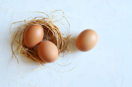 Chicken eggs isolated on white background. Directly above, copy space. Healthy food concept.の写真素材