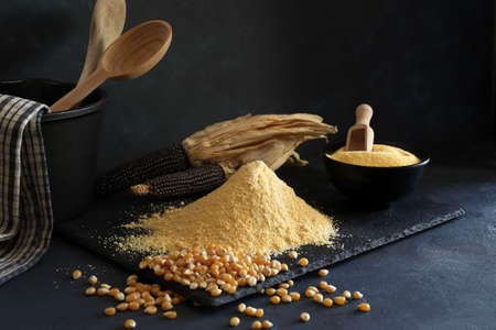 Cornmeal and corn kernels on a black background.
