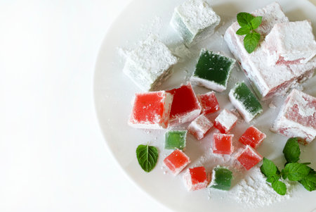 Turkish delight. Lokum, colourful, flavored gelatinous sweets covered in powdered sugar served in a plate on a white table. Mint leaves decoration.の写真素材