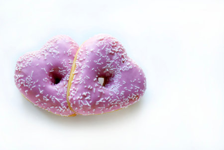 Two heart-shaped donuts with pink icing and sprinkles, isolated on a white background. Romantic or Valentine's Day theme. Overhead view.の写真素材