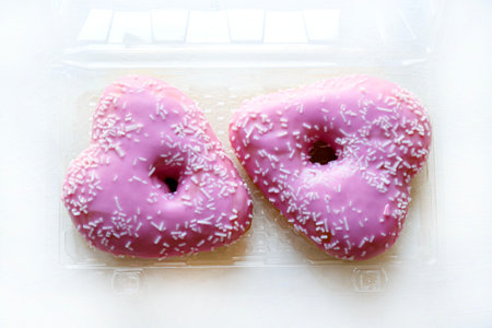 Two heart-shaped donuts with pink icing and sprinkles, in a clear plastic container on a white background. Romantic or Valentine's Day theme.の写真素材
