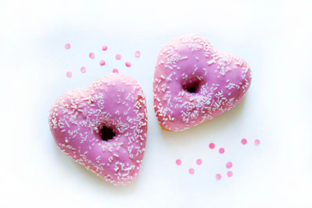 Two heart-shaped donuts with pink icing and sprinkles, isolated on a white background with pink confetti. Romantic or Valentine's Day theme.の写真素材