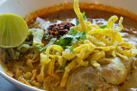 Khao Soi or Khao Soy noodle soup, a northern Thai dishの写真素材