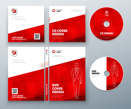 CD envelope, DVD case design. Red Corporate business template for CD envelope and DVD case. Layout with modern triangle elements and abstract background. Creative vector conceptのイラスト素材