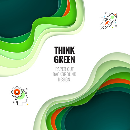 Paper cut concept. Paper carve abstract background for card, banner, brochure or flyer design in green colorsのイラスト素材