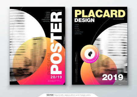 Poster template layout design. Business poster, placard background mockup in bright colors. Vector illustration with red gradient circleのイラスト素材