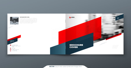 Landscape Brochure design. Red corporate business template brochure, report, catalog, magazine. Brochure layout modern with dynamic shape abstract background. Creative brochure vector conceptの写真素材