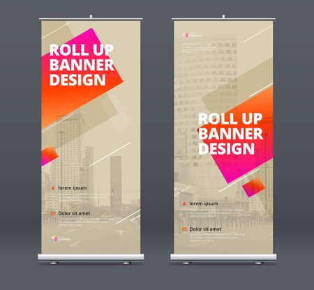 Biege Business Roll Up Banner. Abstract Roll up background for Presentation. Vertical roll up, x-stand, exhibition display, Retractable banner stand or flag design layout for conference, forum.のイラスト素材