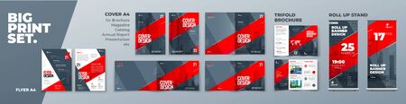 Corporate Identity Print Template Set of Brochure cover, flyer, tri fold, report, catalog, roll up banner. Branding design. Business stationery background design collection.のイラスト素材