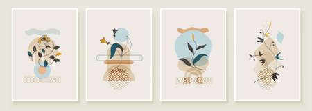 Abstract Botanical Organic Art Illustration. Set of soft color painting wall art for house decoration. Minimalistic canvas background design. Vector wall art plants in boho style.のイラスト素材