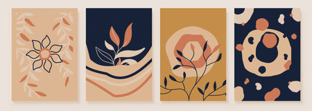 Abstract Botanical Organic Art Illustration. Set of soft color painting wall art for house decoration. Minimalistic canvas background design. Vector wall art plants in boho style.のイラスト素材
