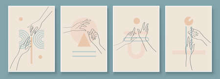 Modern Abstract Art Illustration with Woman Hands. Set of aesthetic organic art in one line style for house decoration. Minimalistic canvas background design. Vector wall art shapes in boho style.のイラスト素材
