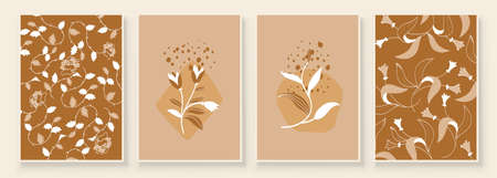 Beige Abstract Botanical Organic Art Illustration. Set of beige color painting wall art for house decoration. Minimalistic canvas background design. Vector wall art plants in boho style.のイラスト素材