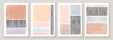 Set of Abstract Hand Painted Illustrations for Wall Decoration Art, Postcard, Social Media Banner, Brochure Cover Design Background. Modern Abstract Painting Artwork. Vector Patternのイラスト素材