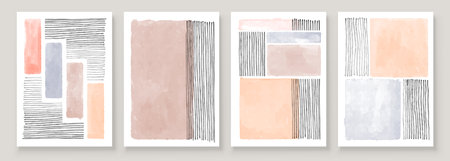Set of Abstract Hand Painted Illustrations for Wall Decoration Art, Postcard, Social Media Banner, Brochure Cover Design Background. Modern Abstract Painting Artwork. Vector Patternのイラスト素材