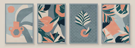 Teal and Peach Abstract Botanical Organic Art Illustration. Set of soft color painting wall art for...