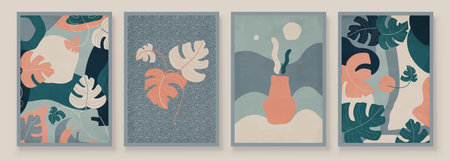 Teal and Coral Abstract Botanical Organic Art Illustration. Set of soft color painting wall art for house decoration. Minimalistic canvas background design. Vector wall art plants in boho style.のイラスト素材