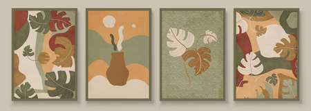 Green Abstract Botanical Organic Art Illustration. Set of soft color painting wall art for house decoration. Minimalistic canvas background design. Vector wall art plants in boho style.のイラスト素材