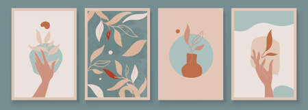 Teal and Peach Abstract Botanical Art with Woman Hands. Set of soft color painting wall art for house decoration. Minimalistic canvas background design. Vector wall art plants in boho style.のイラスト素材