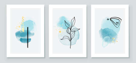 Teal and Peach Abstract Watercolor Compositions. Set of soft color painting wall art for house...