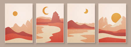 Abstract landscape composition art with sun and moon. Earth tones colors wall art. Soft color painting house decor. Minimalistic background design. Vector illustration.のイラスト素材