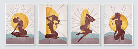 Abstract composition art with nude woman in sunrise or sunset. Earth tones colors wall art decor. Soft color painting boho style background. Minimalistic background design. Vector illustration.のイラスト素材