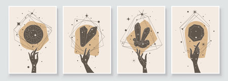 Abstract contemporary art with crystal and gem geometry shapes. Esoteric mystical celestial sacred wall art with woman hand. Wall decor painting. Minimalistic background design. Vector illustration.のイラスト素材