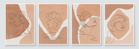 Abstract composition art with woman beauty face or naked body. Earth tones colors wall art decor. Soft color painting boho style background. Minimalistic background design. Vector illustration.のイラスト素材