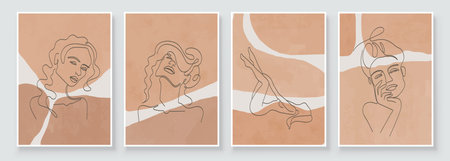 Abstract composition art with woman beauty face or naked body. Earth tones colors wall art decor. Soft color painting boho style background. Minimalistic background design. Vector illustration.のイラスト素材